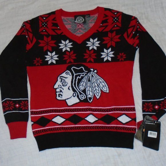 Chicago Blackhawks NHL Ugly V Neck Christmas Sweater Klew Official  Size Medium - Picture 1 of 2